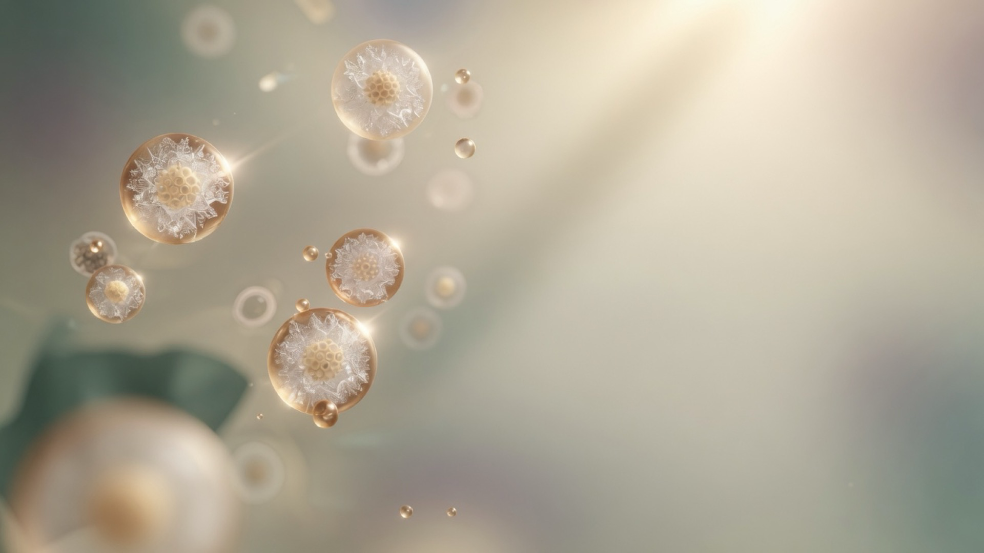 Translucent amber spheres with frosted, crystalline centres floating in soft light, evoking vitrified eggs