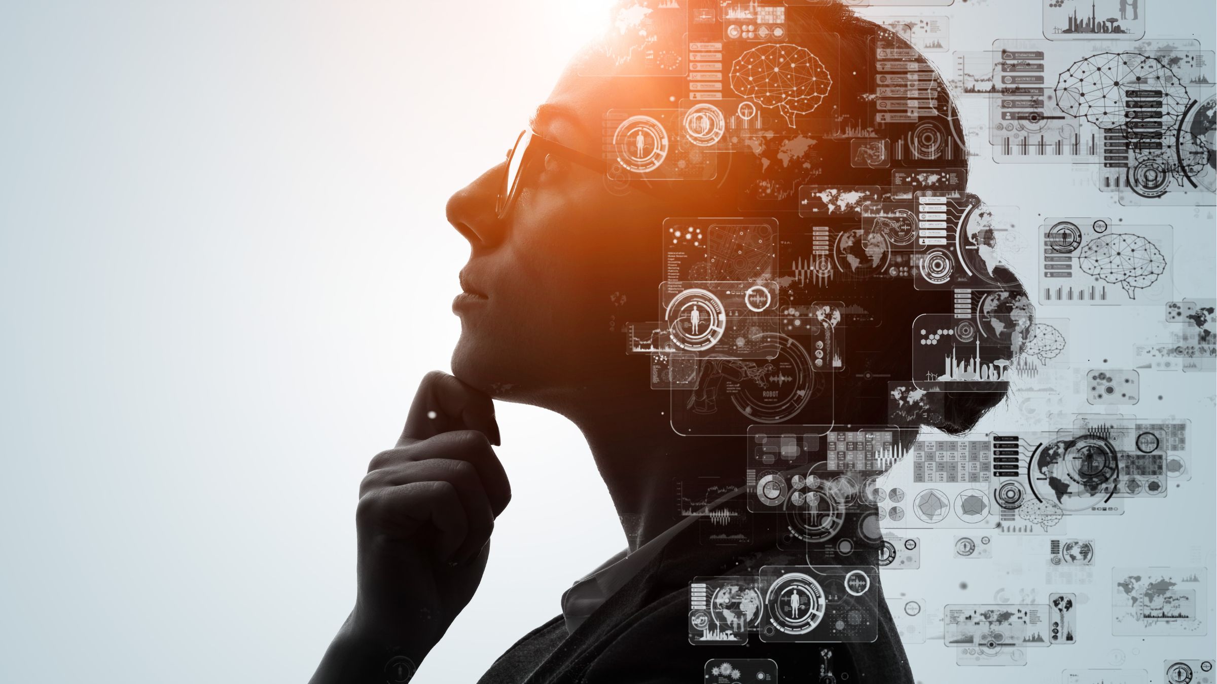 Woman looking upward in thought, with a digital workflow overlay