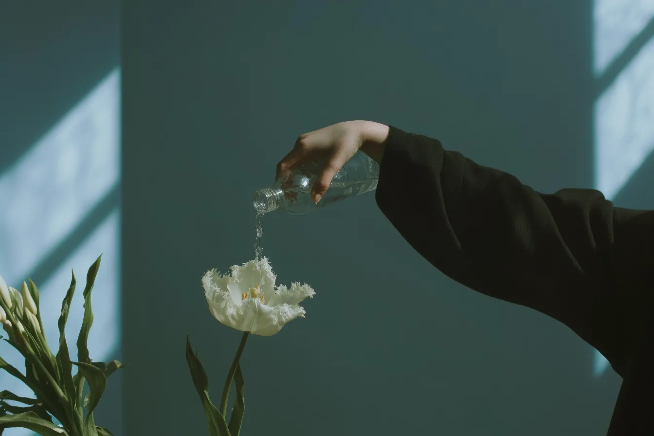 Hands watering a flower with a small watering bottle