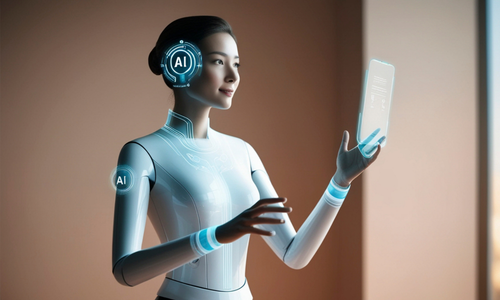 3D illustration of a robot holding a smartphone, with "AI" labeled near her ears