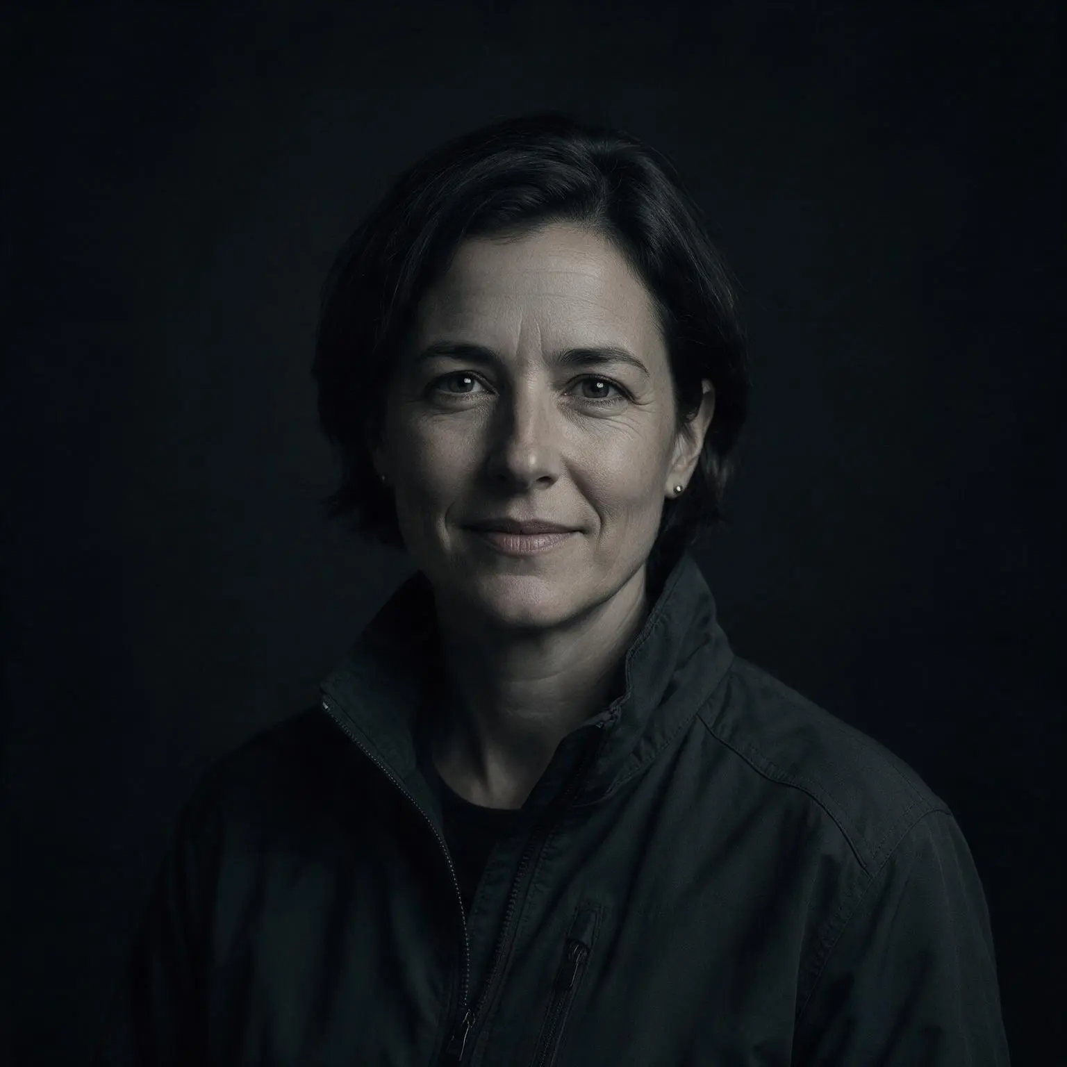 Adult woman with short dark hair wearing a dark jacket against a dark background.