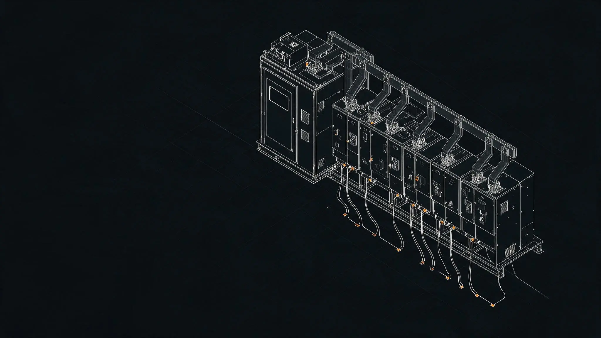 Isometric technical drawing of an electrical panel with multiple compartments and wiring connections.
