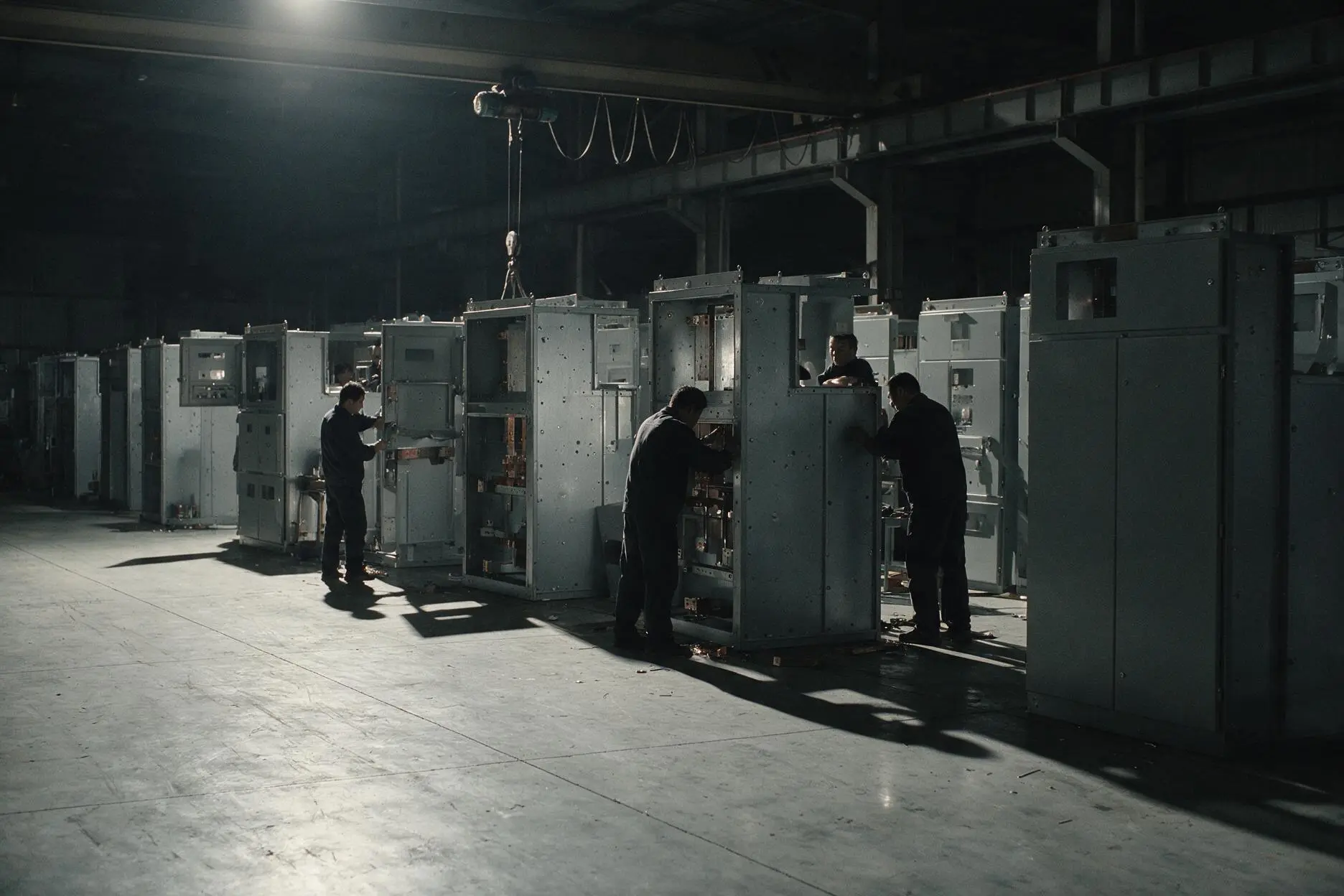 Workers inspecting and repairing large industrial electrical panels in a dimly lit factory.