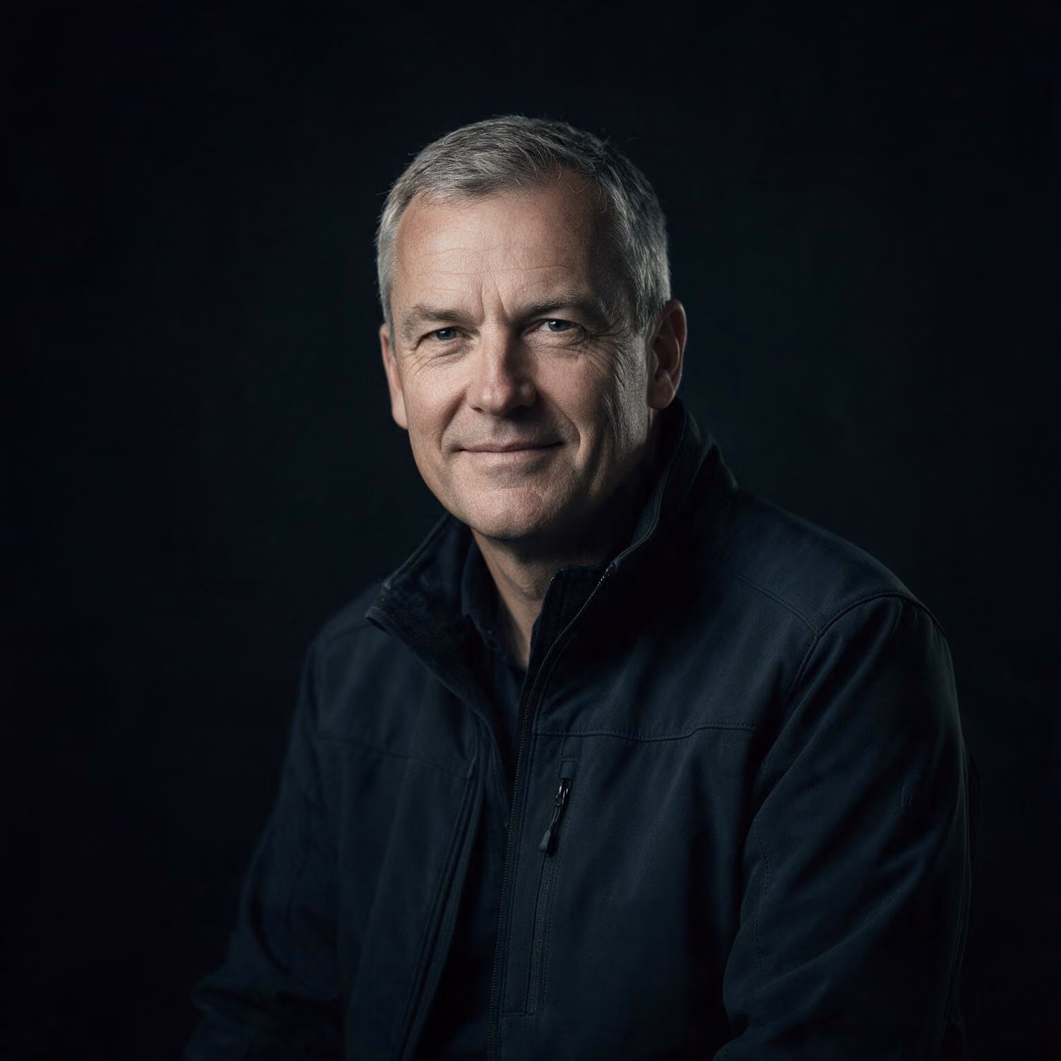 Portrait of a middle-aged man with gray hair wearing a dark jacket against a black background.