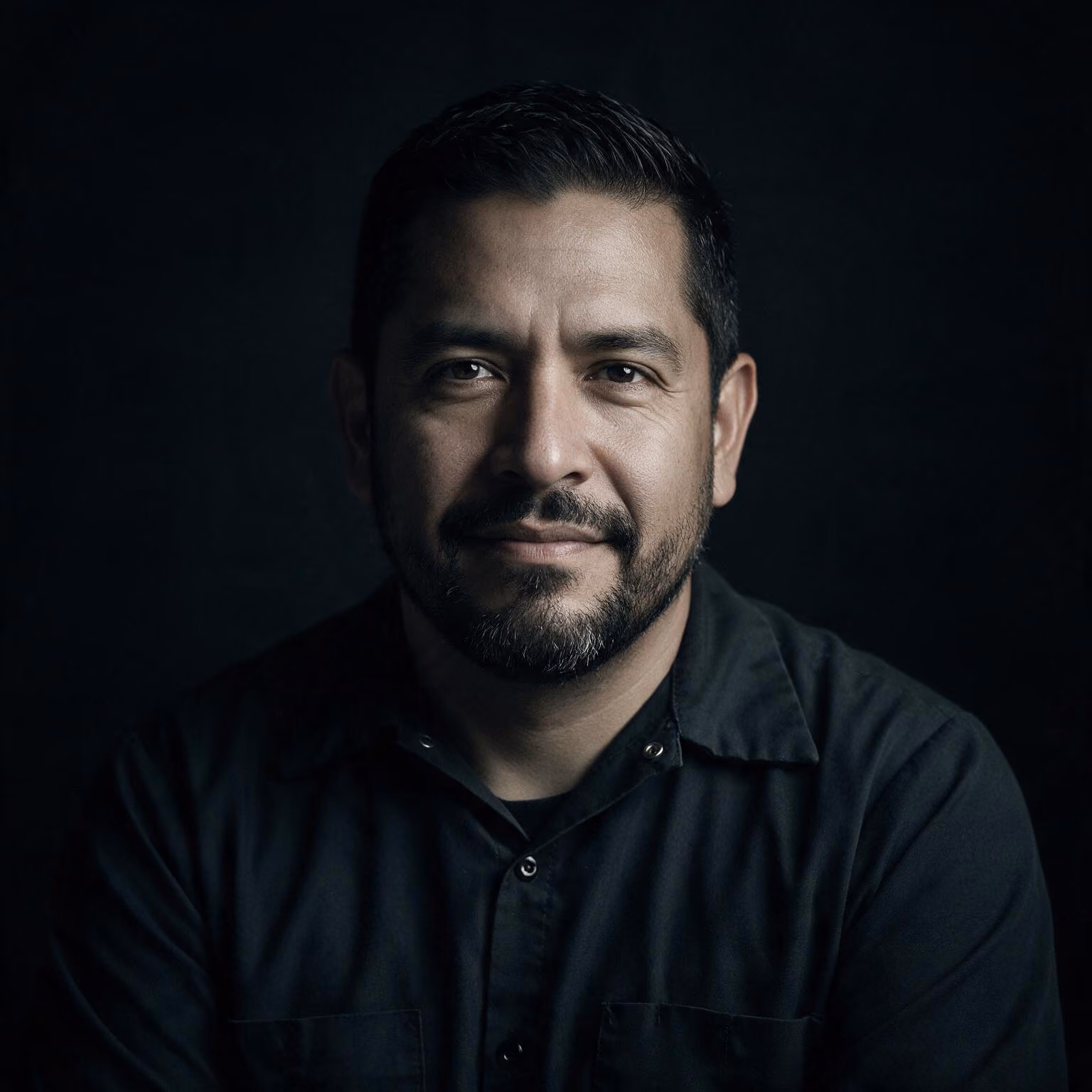 Portrait of a man with short dark hair and beard wearing a black shirt against a dark background.