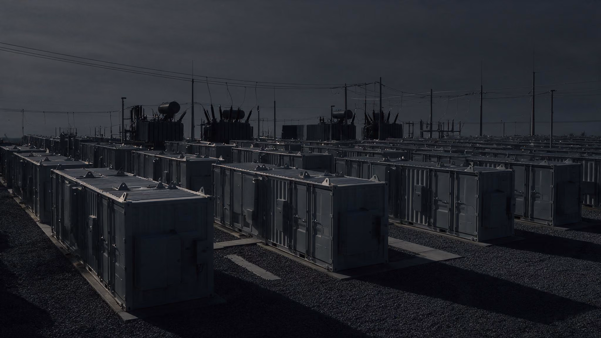 Rows of large industrial electrical transformers and containers under dark, cloudy sky.