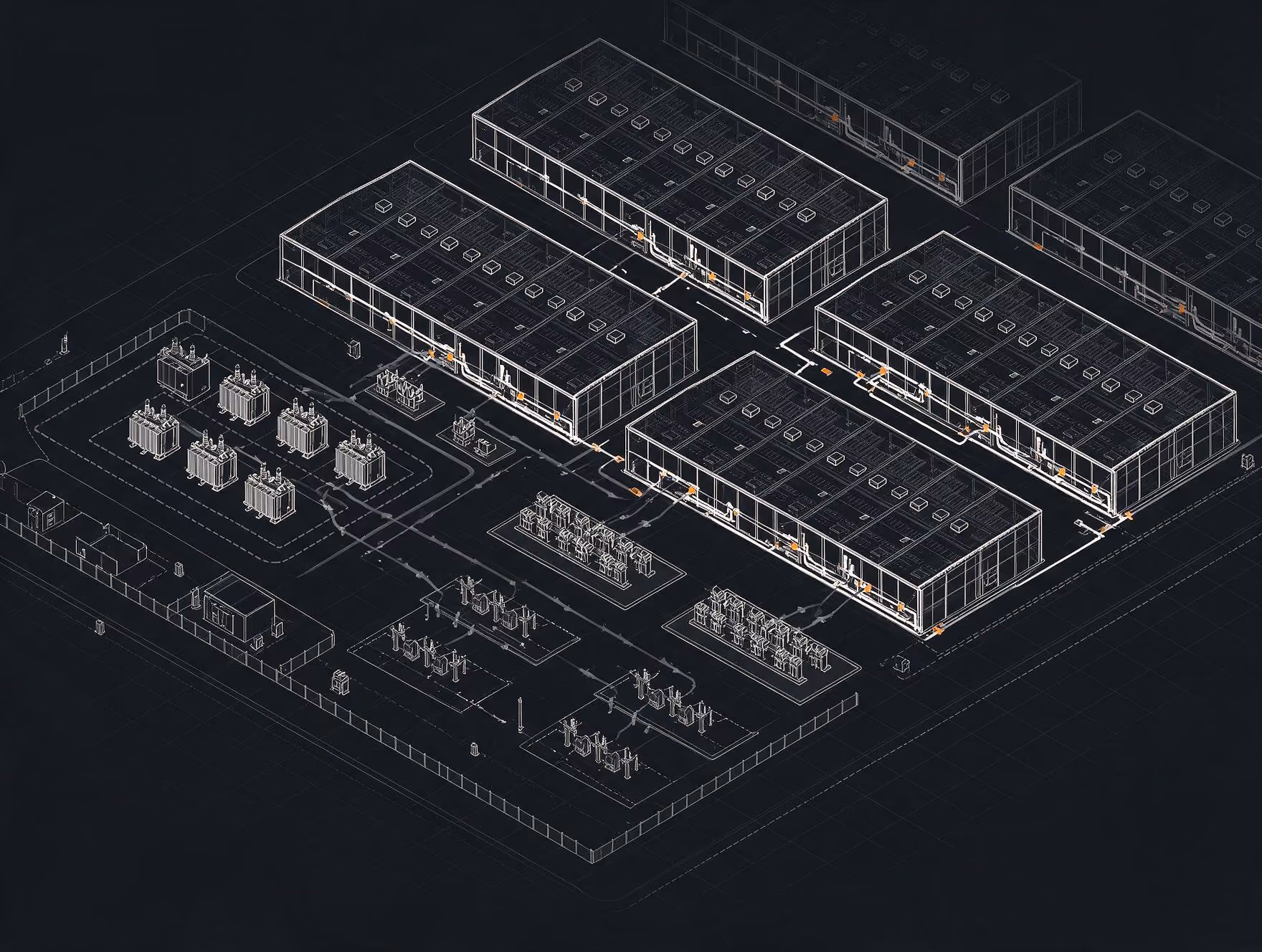 Isometric technical diagram of an industrial complex with multiple buildings and electrical equipment.