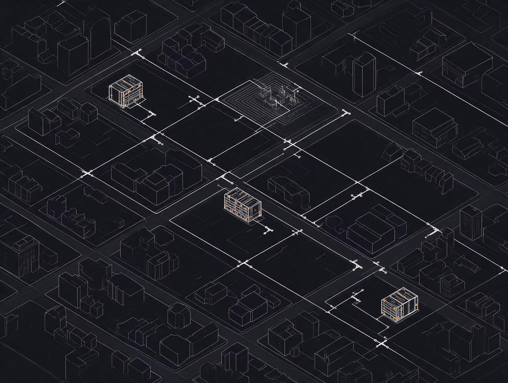 Isometric technical diagram of a city grid with three highlighted buildings connected by a white network.