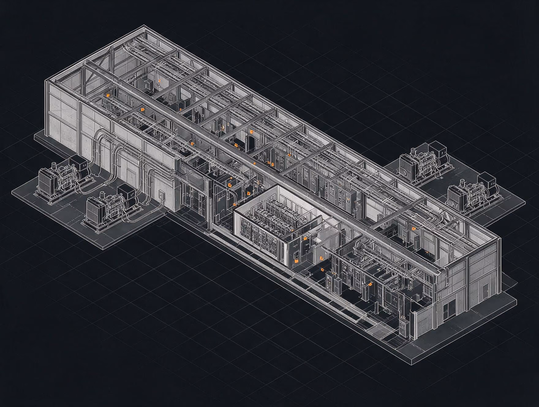 Isometric technical diagram of an industrial building with internal piping, machinery, and electrical panels.