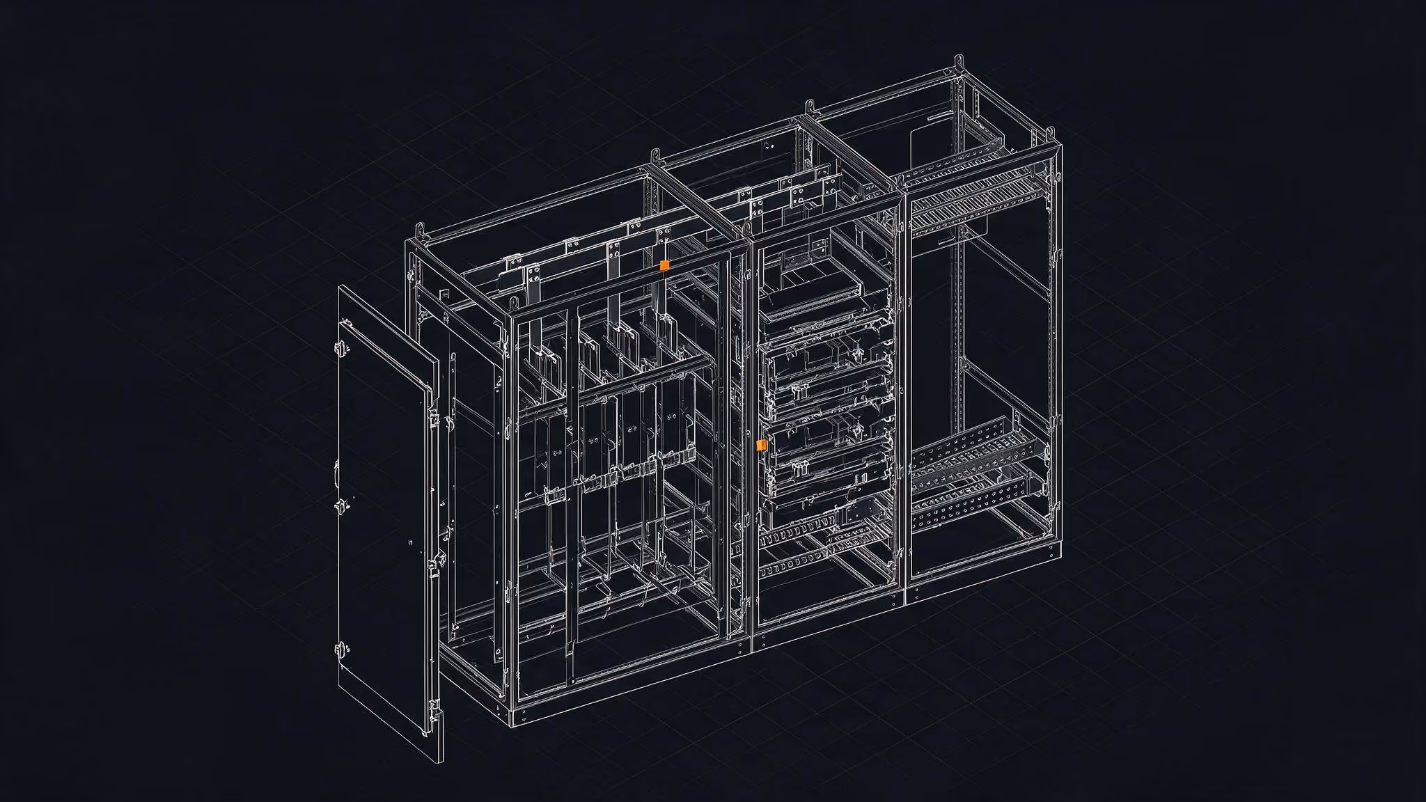 Isometric wireframe technical drawing of an open industrial equipment cabinet with shelves and structural frames.