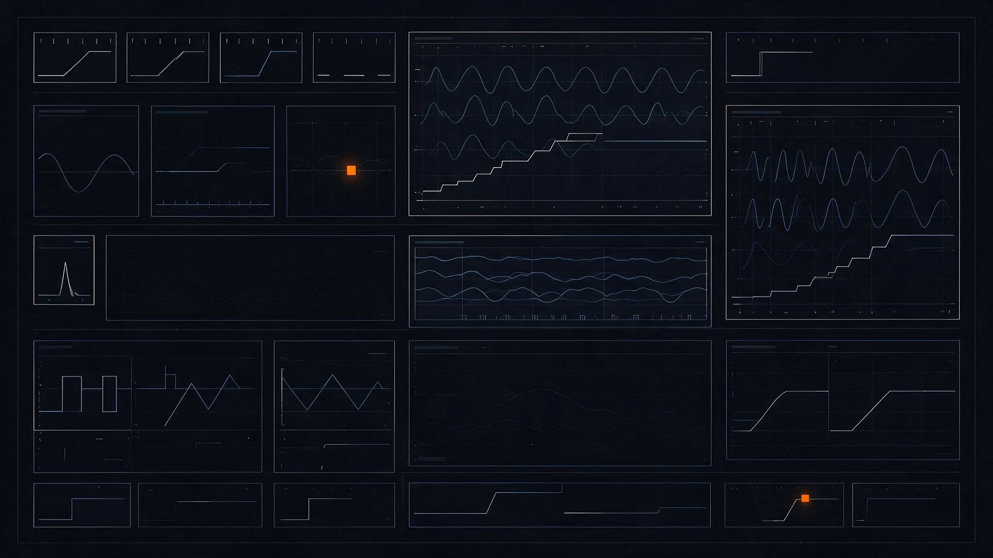Dark control room screen displaying multiple line, wave, and bar graphs with two orange markers.