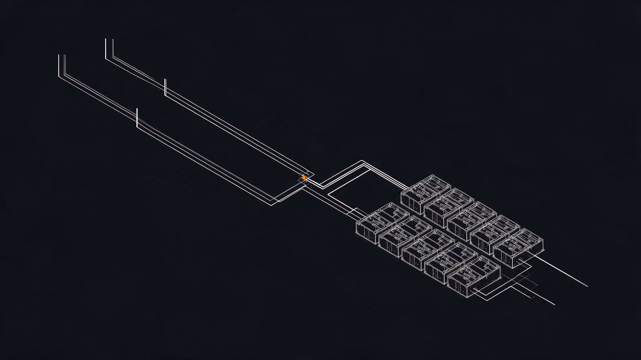 Isometric blueprint-style computer server racks linked by white network lines on dark background.