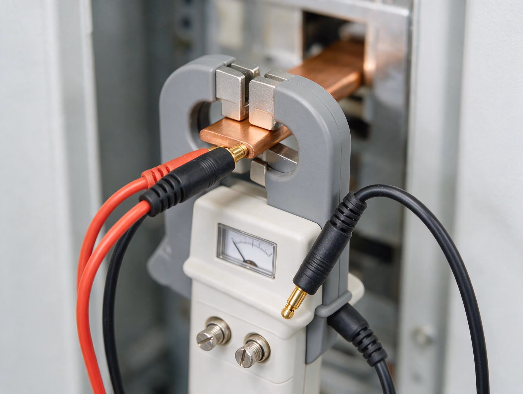 Closeup of electrical testing device clamped on copper busbar with red and black probe cables connected.