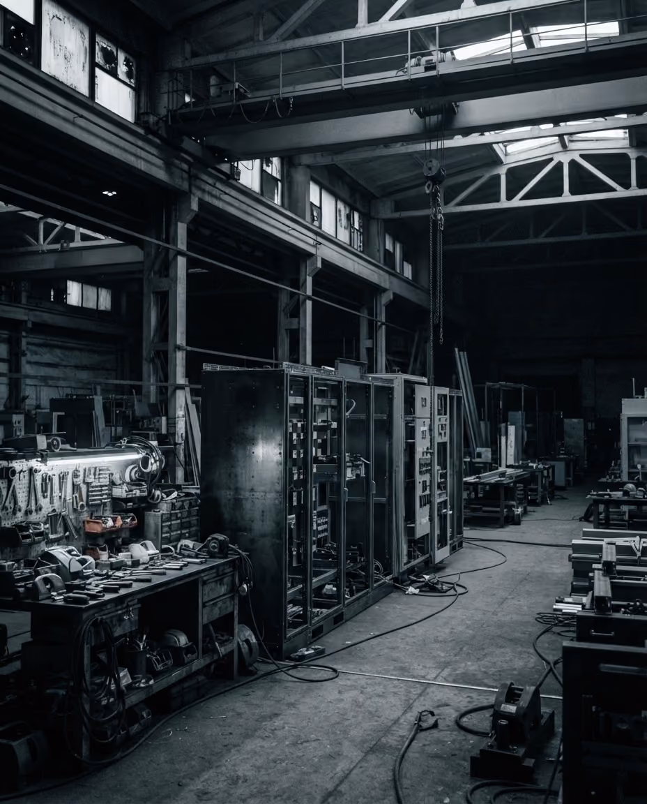 Dimly lit industrial workshop with tools, machinery, and metal structures.