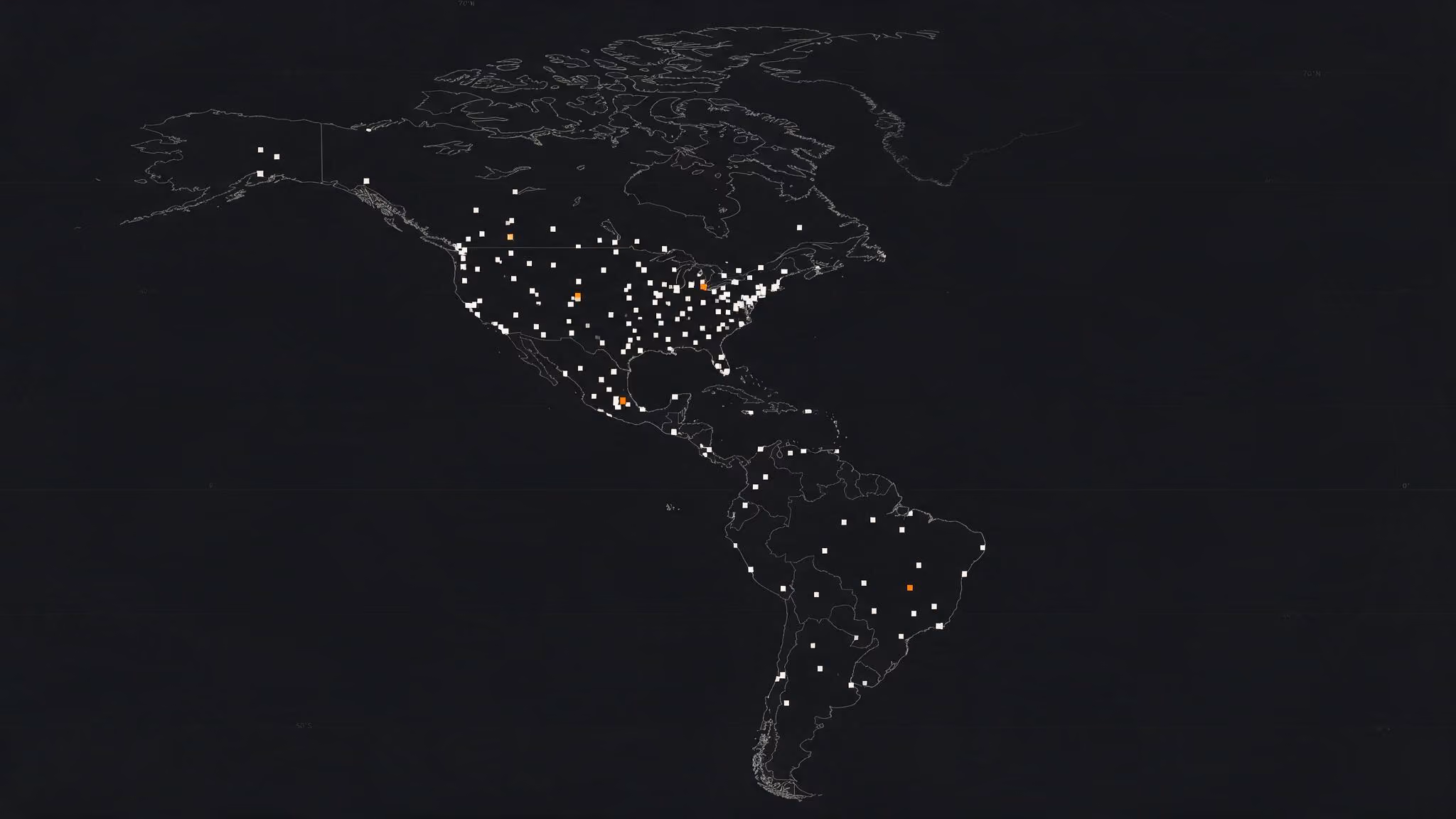 Dark map of Americas with white and orange square markers scattered across North, Central, and South America.