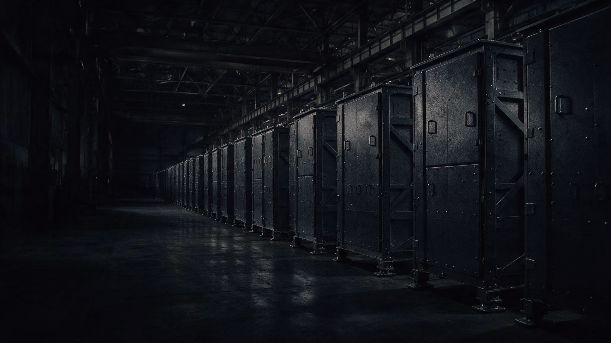 Row of dark metal industrial lockers in a dimly lit warehouse with a reflective floor.
