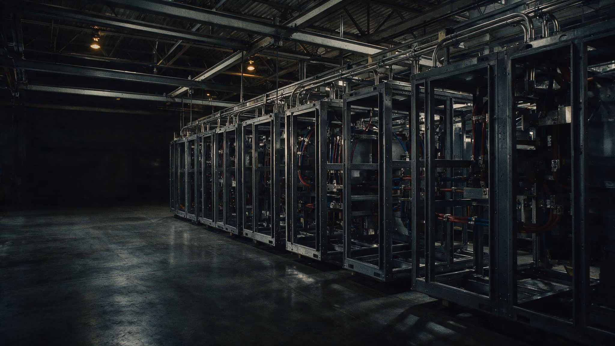 Dimly lit industrial room with large metal electrical or server racks lined up in a row.