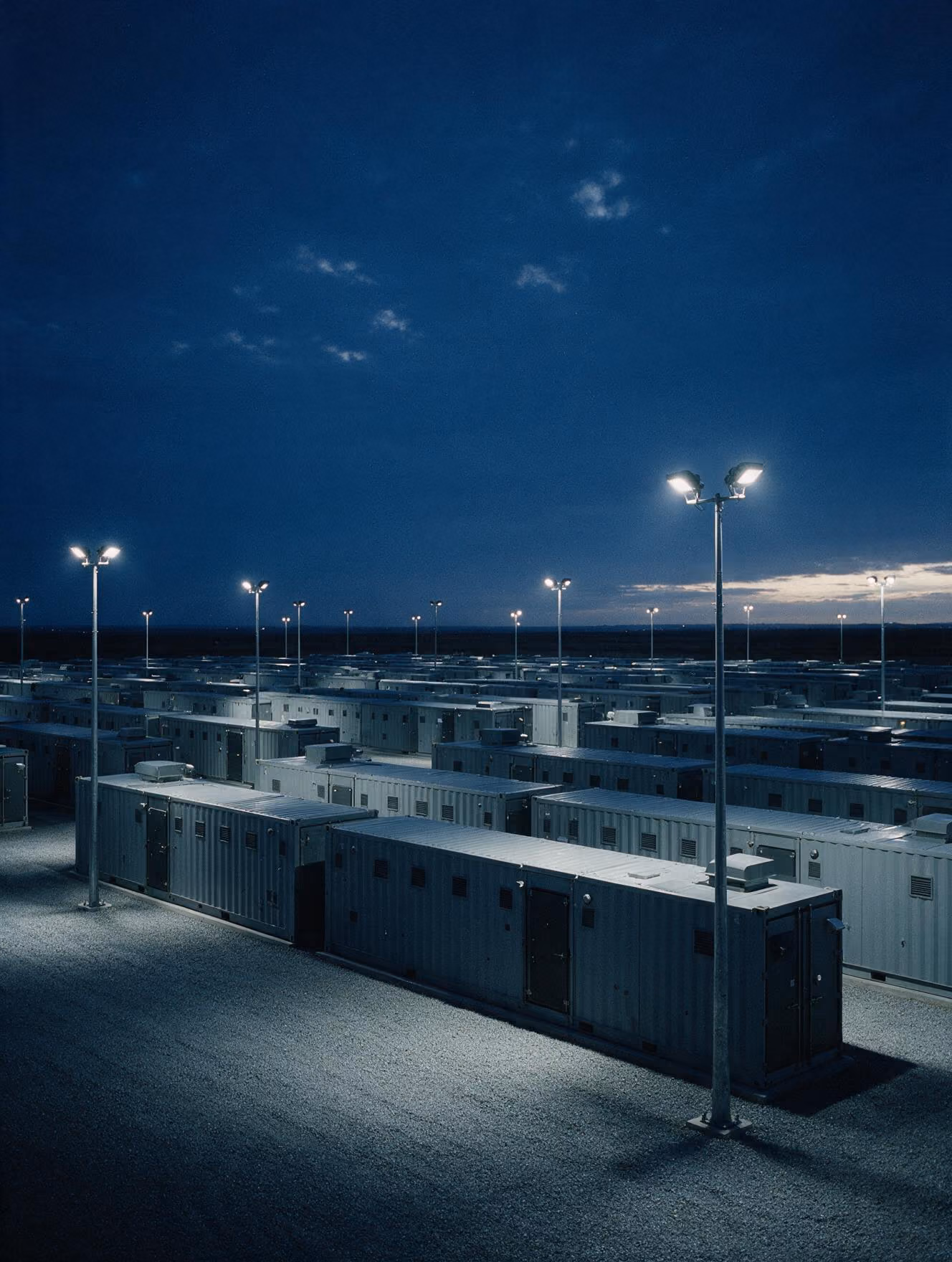 Rows of industrial shipping containers under streetlights at dusk with a dark cloudy sky.