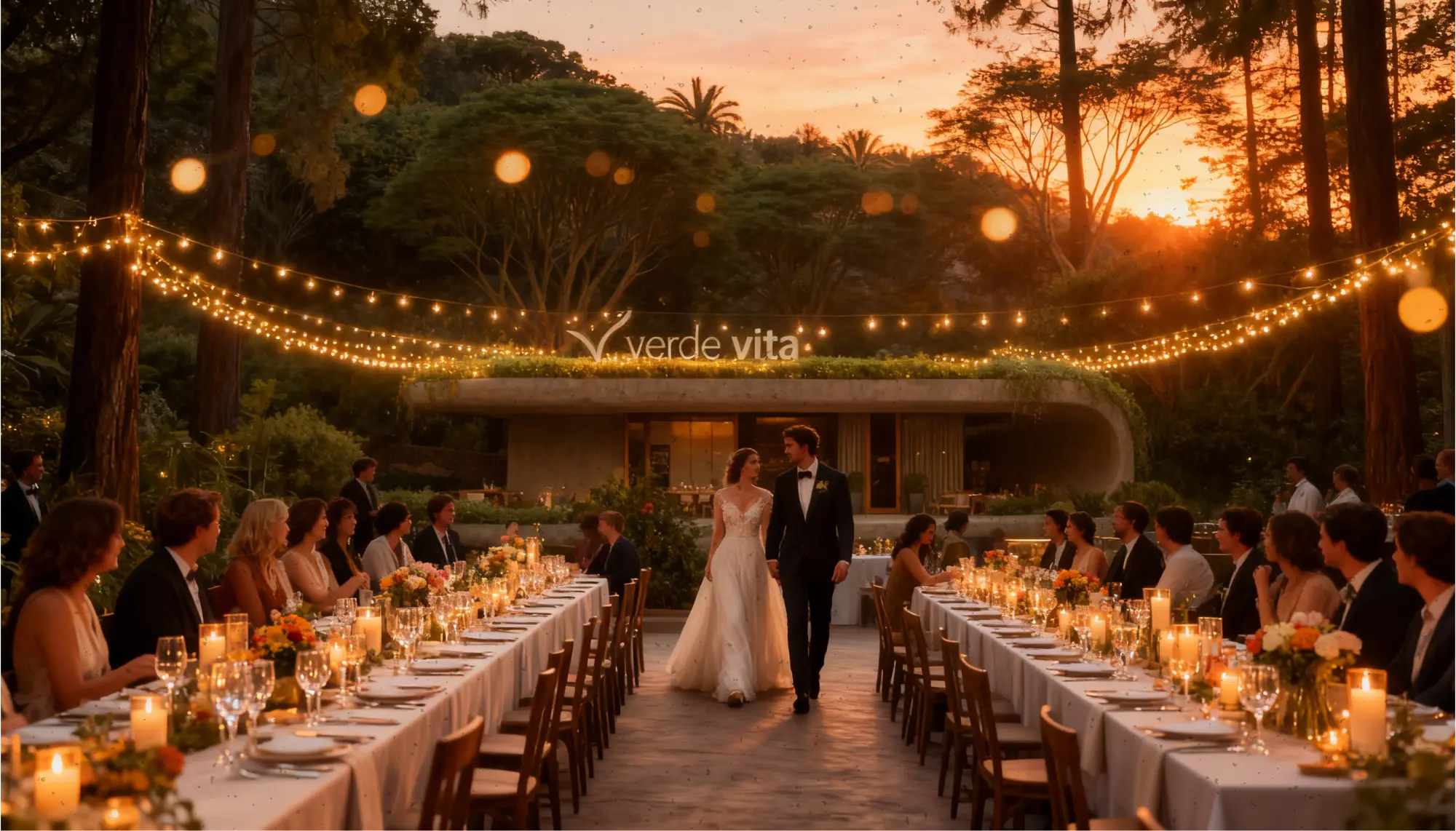 Bride and groom walking hand in hand between two long, candlelit tables at an outdoor sunset wedding reception with string lights overhead.
