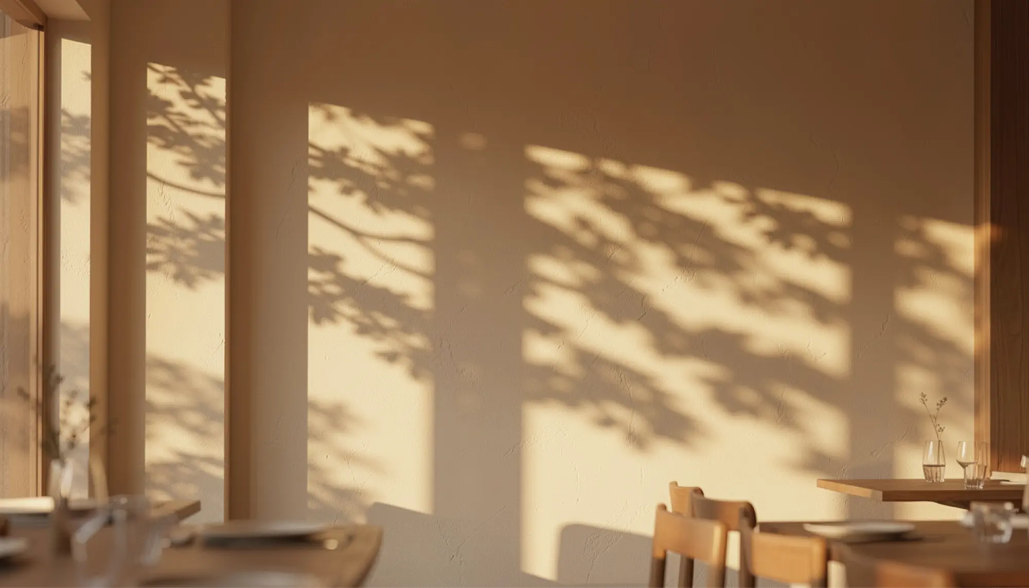 Soft sunlight casting tree branch shadows on a beige wall in a minimalist dining area with wooden chairs and tables set with glassware.