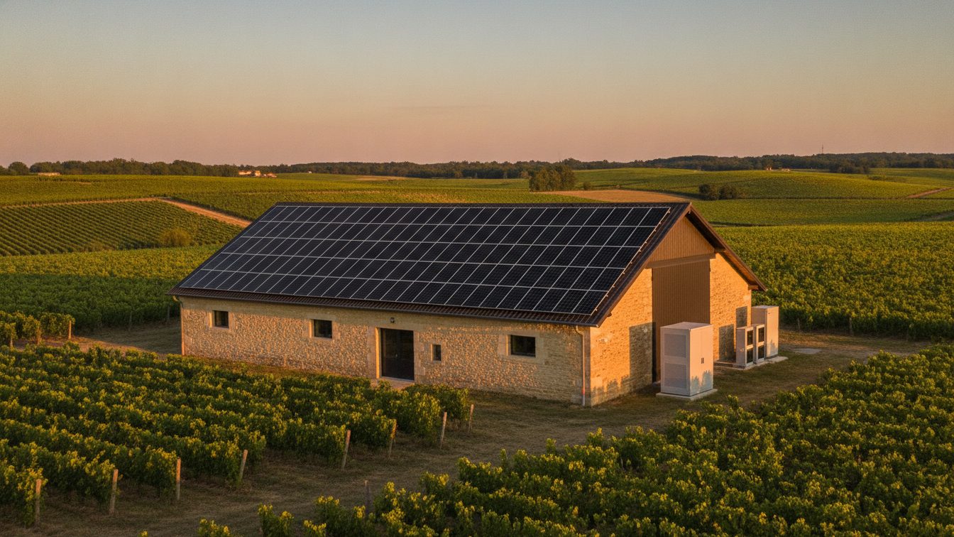 Hangar viticole en pierre du Beaujolais couvert de panneaux solaires full black, au milieu des vignes, avec armoires de stockage batterie