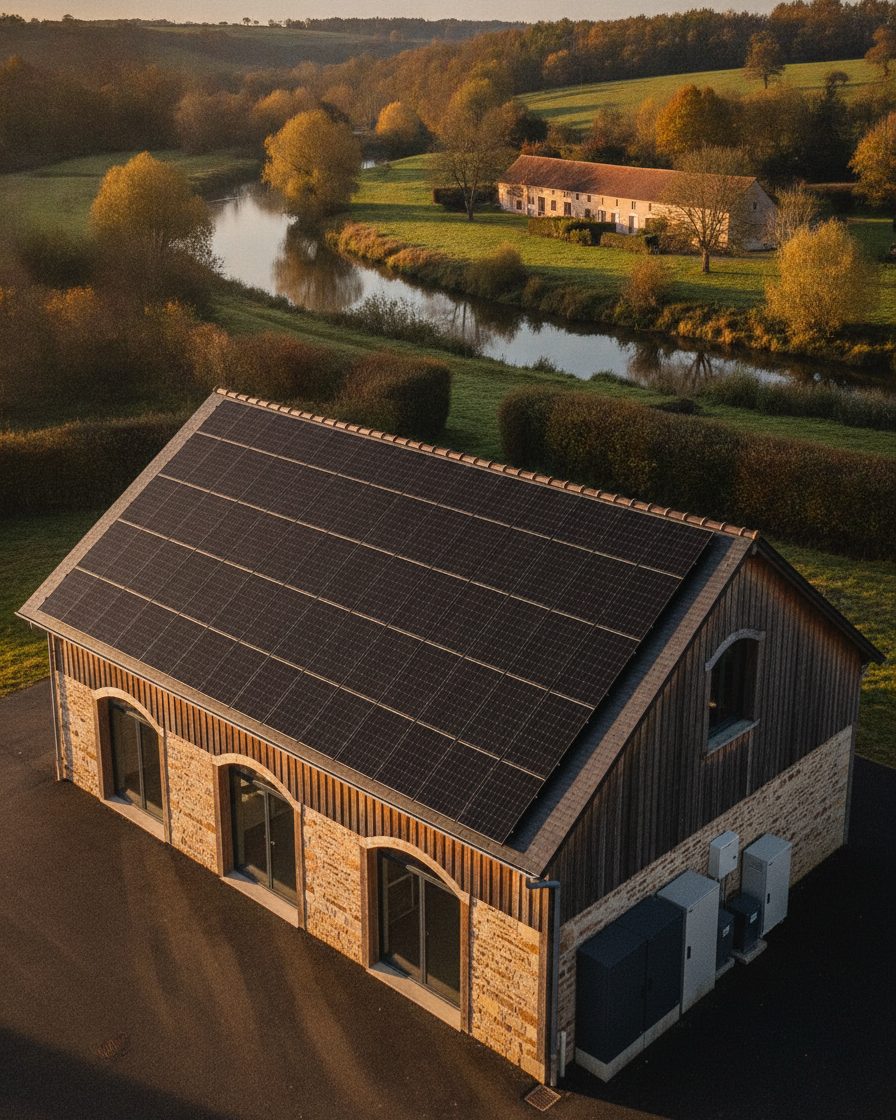Bâtiment en pierre couvert de panneaux solaires au bord de la rivière Allier, dans le bocage bourbonnais
