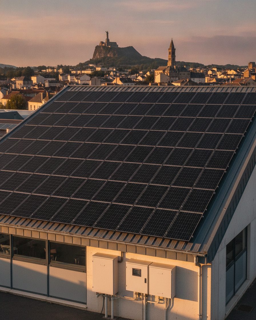 Bâtiment d’activité équipé de panneaux solaires en Haute-Loire, avec les rochers du Puy-en-Velay à l’horizon