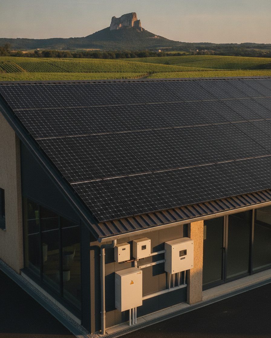 Bâtiment d’activité moderne avec panneaux solaires et onduleurs, dans le vignoble de Saône-et-Loire près de la roche de Solutré