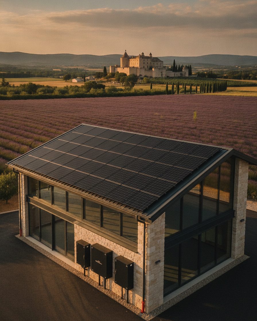 Bâtiment d’activité vitré avec panneaux solaires en toiture, bordé de champs de lavande dans la Drôme