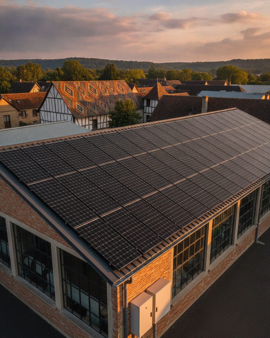 Bâtiment d’activité en brique et bois couvert de panneaux solaires noirs près de maisons à colombages de la Bresse