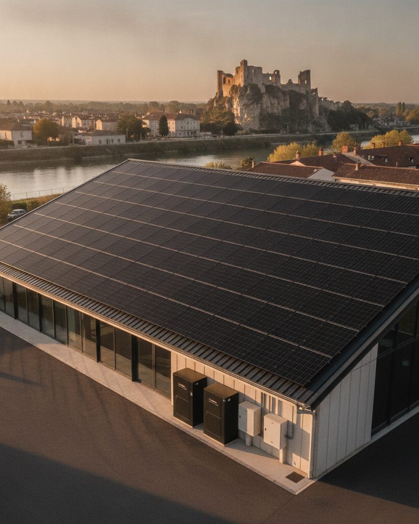 Bâtiment professionnel à Valence couvert de panneaux solaires noirs, au bord du Rhône face au château de Crussol