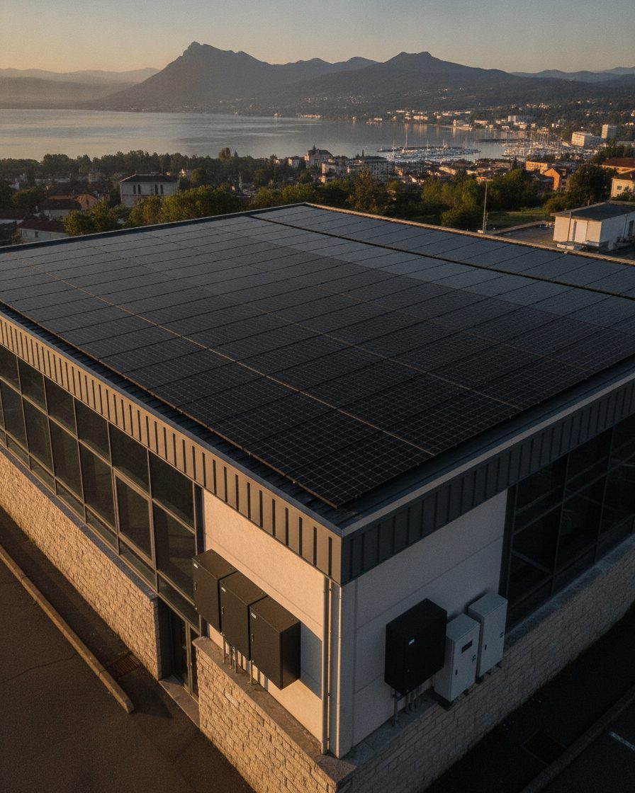 Bâtiment professionnel à toit plat équipé de panneaux solaires noirs à Aix-les-Bains, avec le lac du Bourget et les montagnes en fond