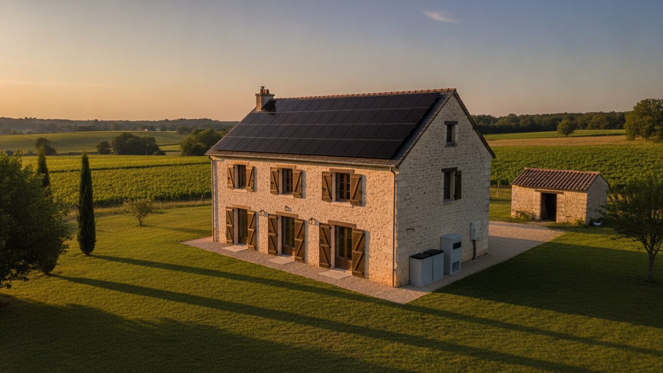 Maison individuelle équipée de panneaux solaires full black sur sa toiture, vue de loin sous un grand ciel dégagé en fin de journée