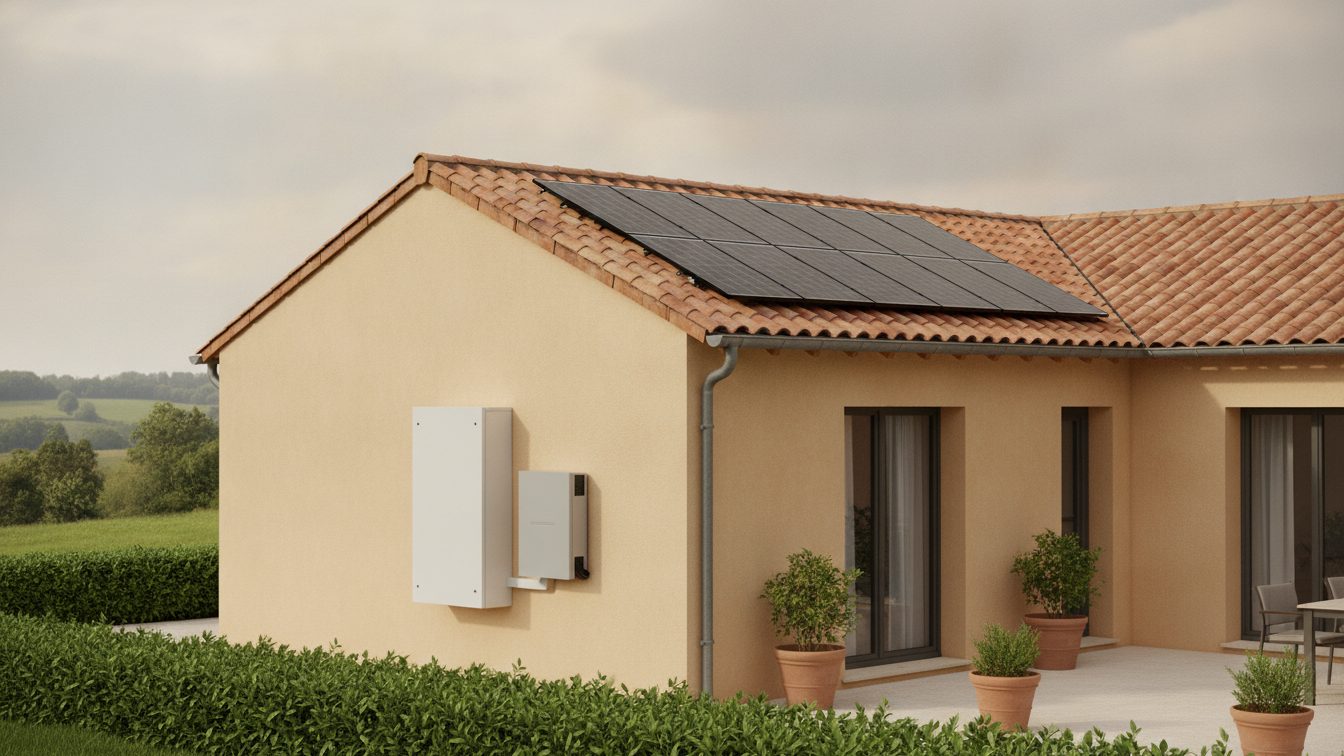 Batterie de stockage murale et onduleur installés sur le pignon d’une maison, sous une toiture dont la moitié du pan porte des panneaux solaires noirs