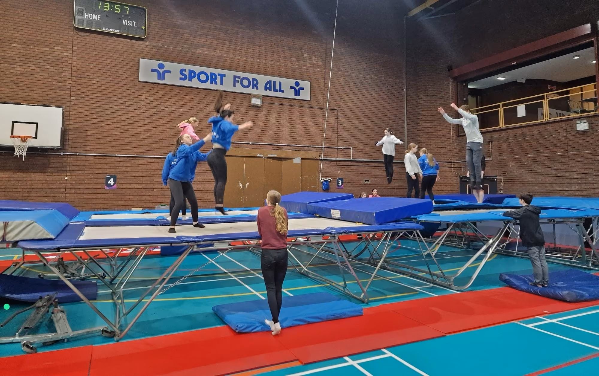 Students competing at a school GCSE trampolining competition