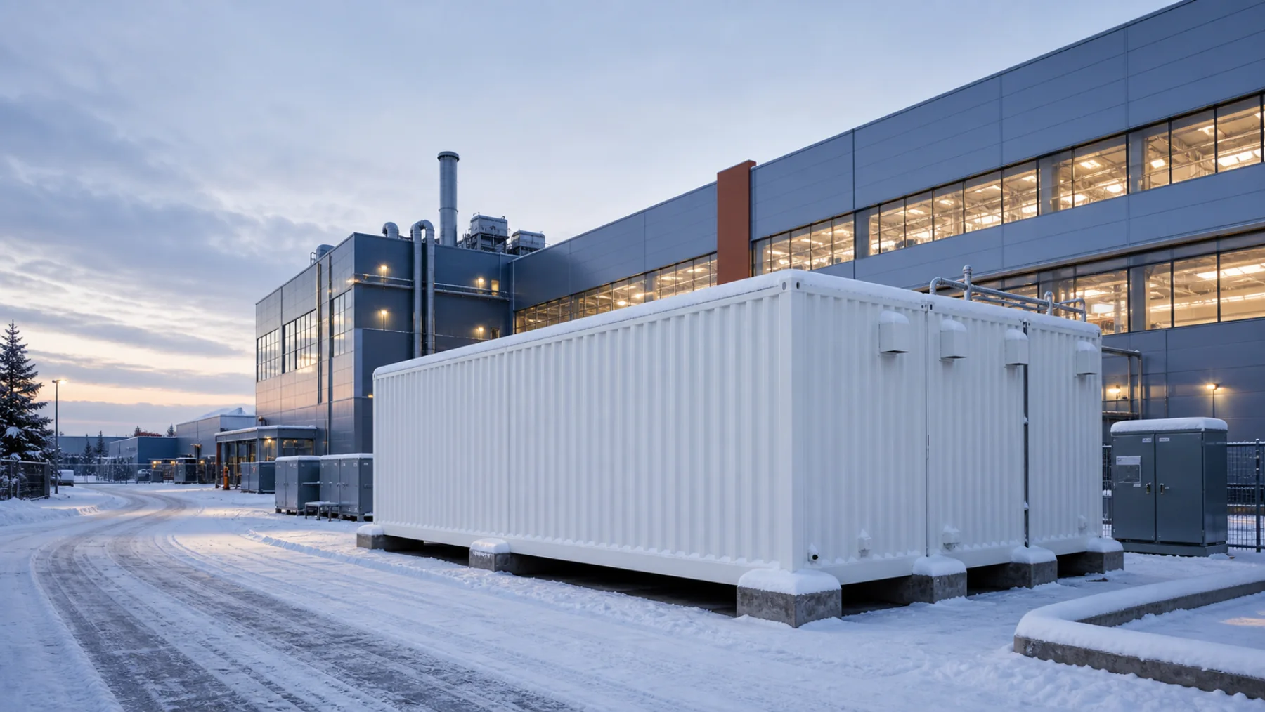 Outdoor air-cooled containerized data center deployed beside an industrial facility