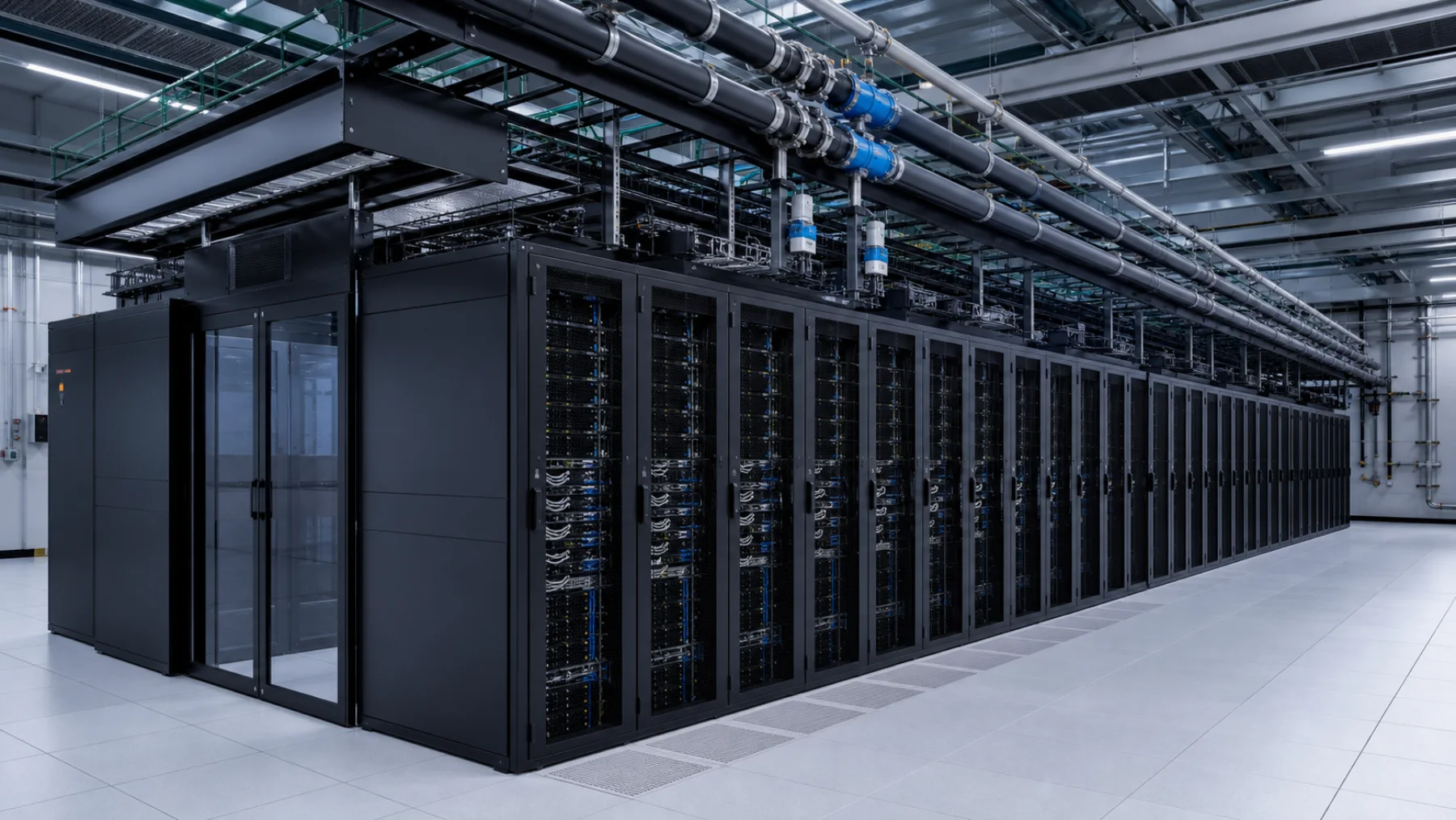 AI Data Center Pod with high-density racks and overhead power, cabling and liquid cooling infrastructure