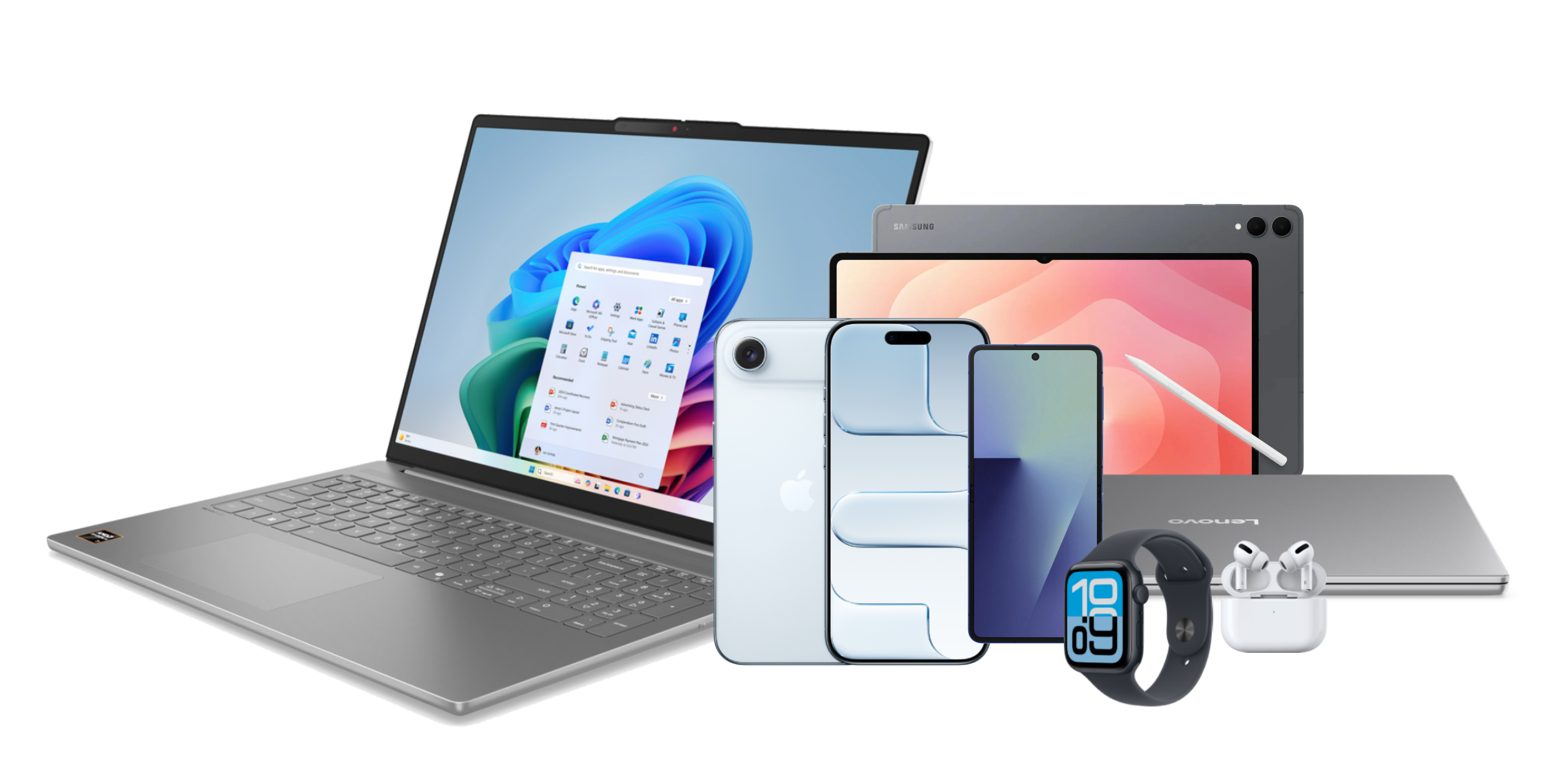 A lineup of rentable business devices: a Lenovo laptop, iPhone, Samsung tablet with stylus, Android phone, smartwatch and wireless earbuds.
