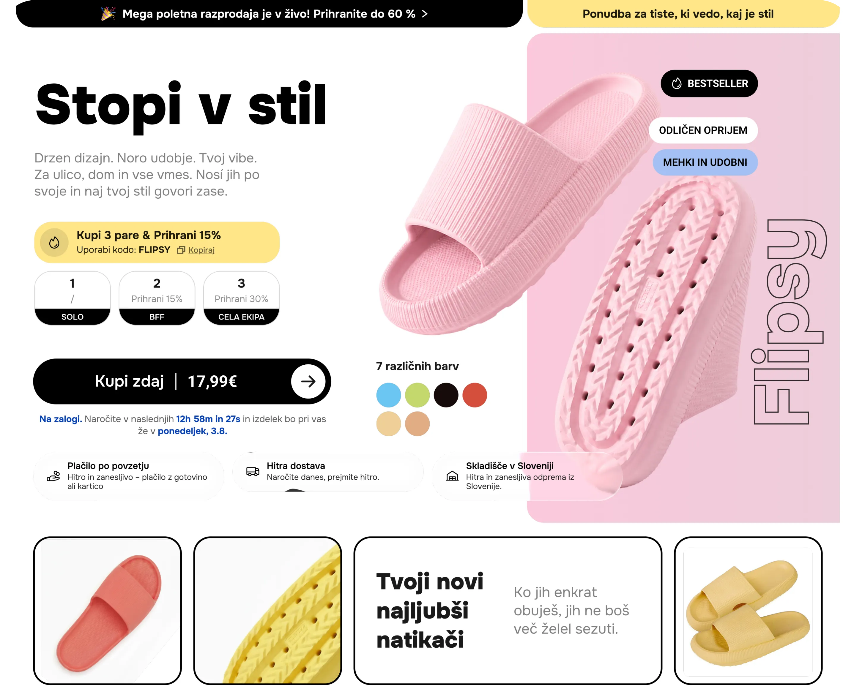 Flipsy: namizna landing stran za natikače z naslovom Stopi v stil