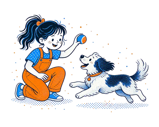 Ilustracija deklice, ki se igra s psom