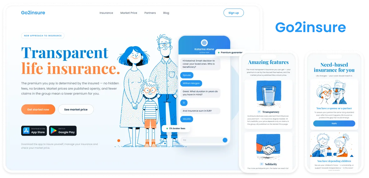 Spletna stran Go2insure z naslovom Transparent life insurance na namizni in mobilni napravi