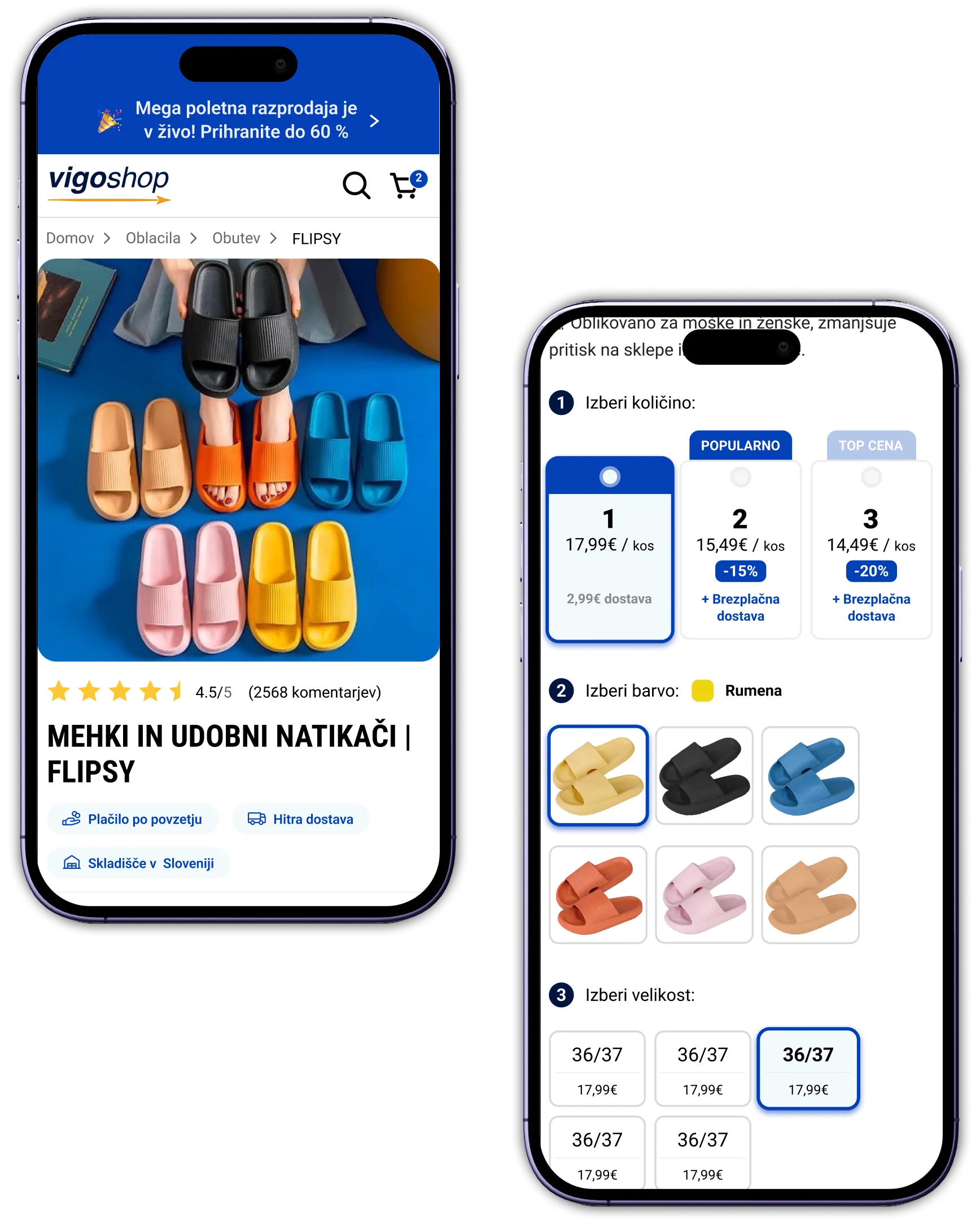 Spletna trgovina Vigoshop — mobilna različica in izbira izdelka