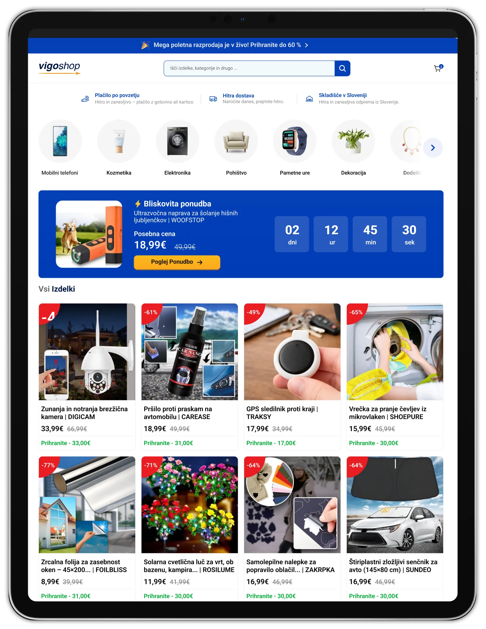 Domača stran spletne trgovine Vigoshop — namizna različica