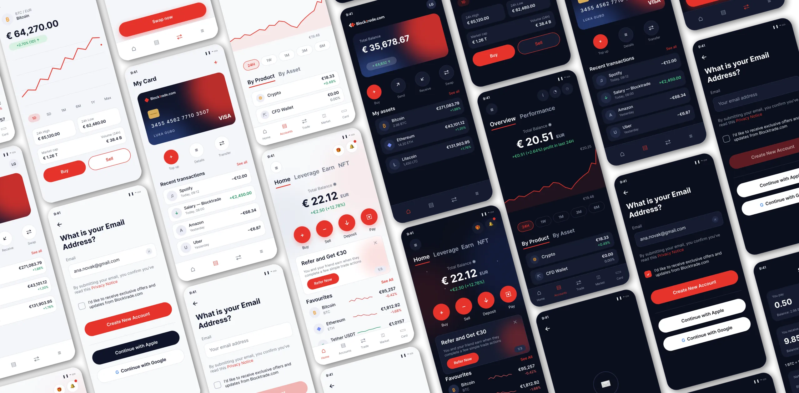 Zasloni aplikacije Blocktrade.com: pregled sredstev, transakcije, kartica in registracija