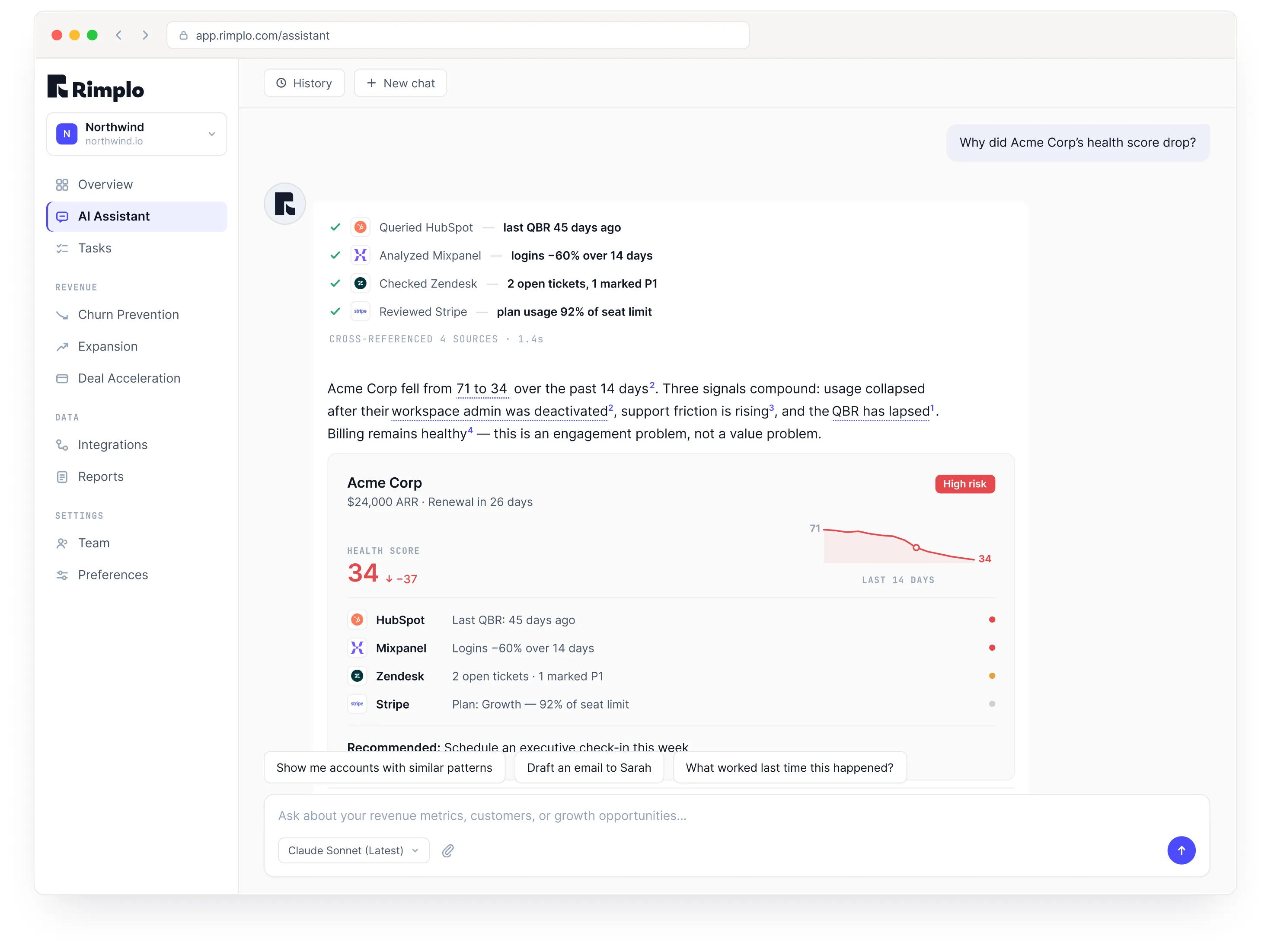 Rimplo AI assistant chat interface showing revenue query and sourced answer