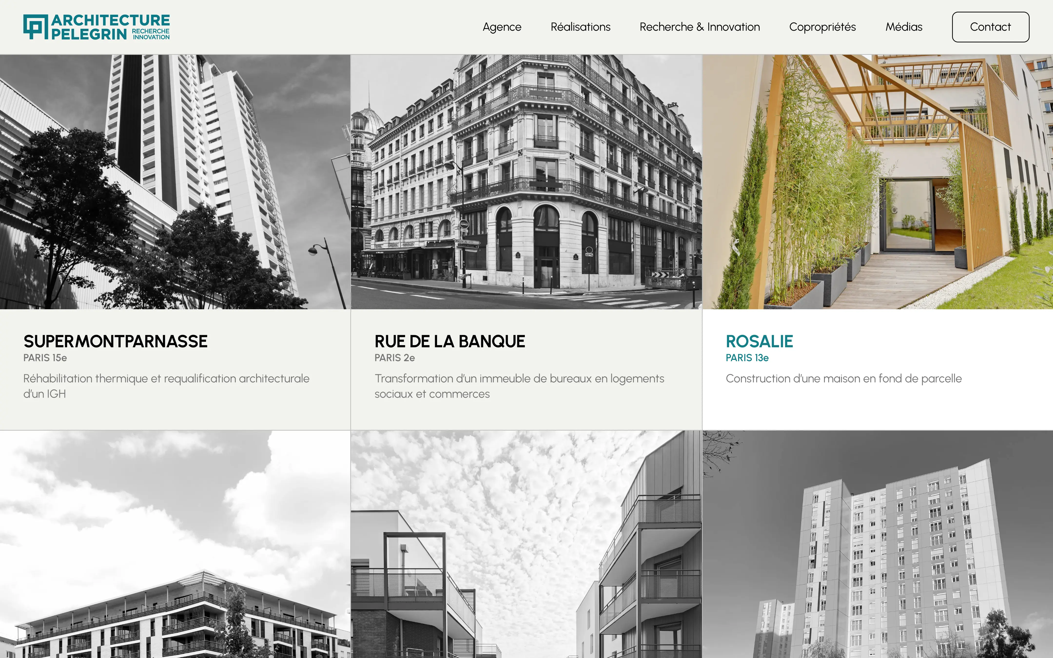 Page du site Architecture Pélegrin où les projets d'architecture occupent tout l'écran