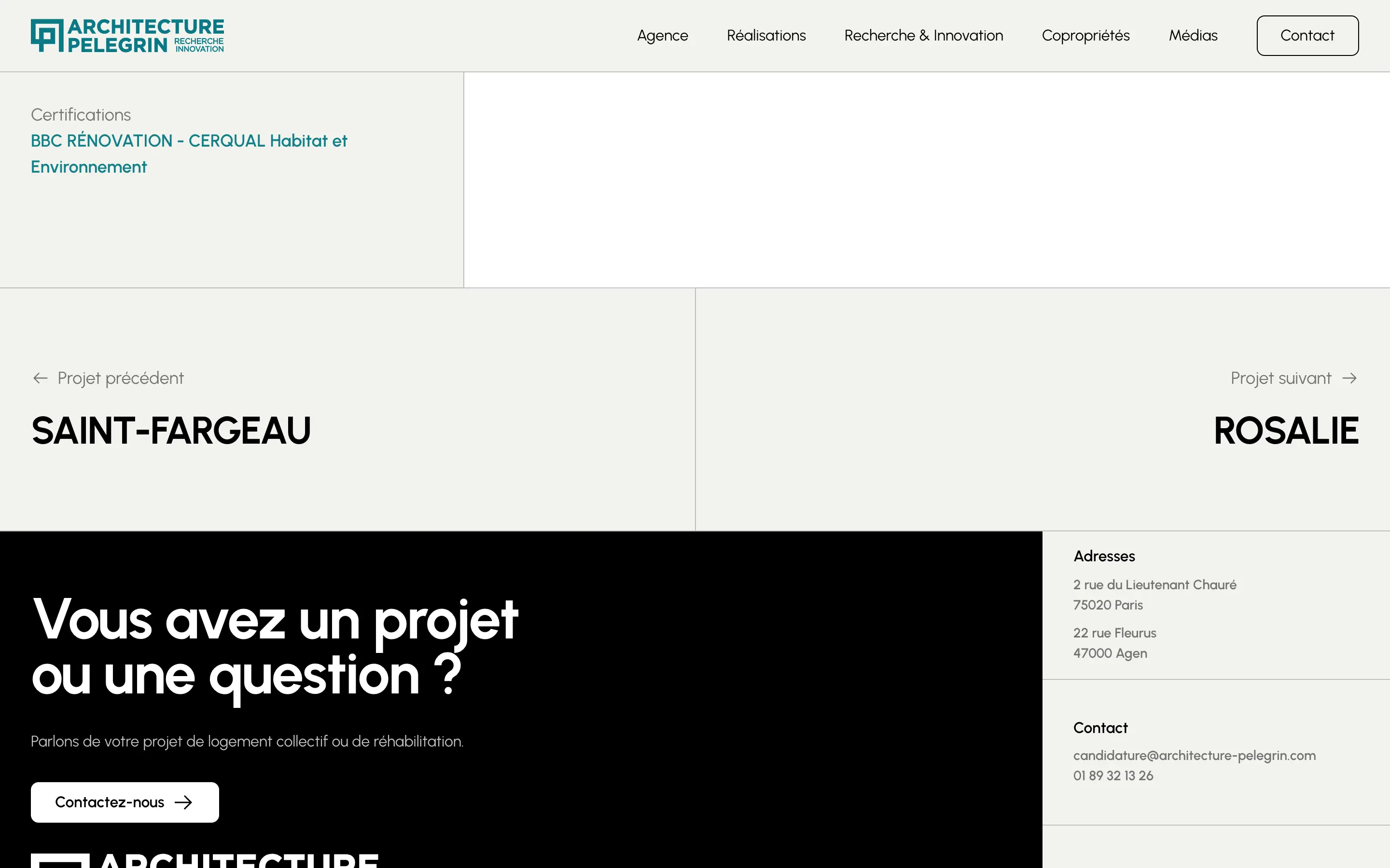 Bas de fiche projet Architecture Pélegrin avec navigation vers la réalisation précédente et suivante