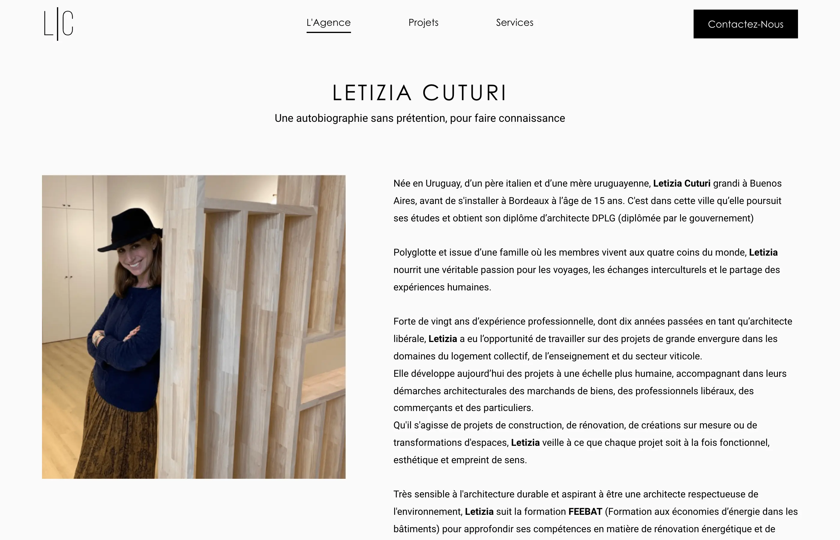 Page Agence du site de Letizia Cuturi présentant son parcours, ses valeurs et les avis de ses clients