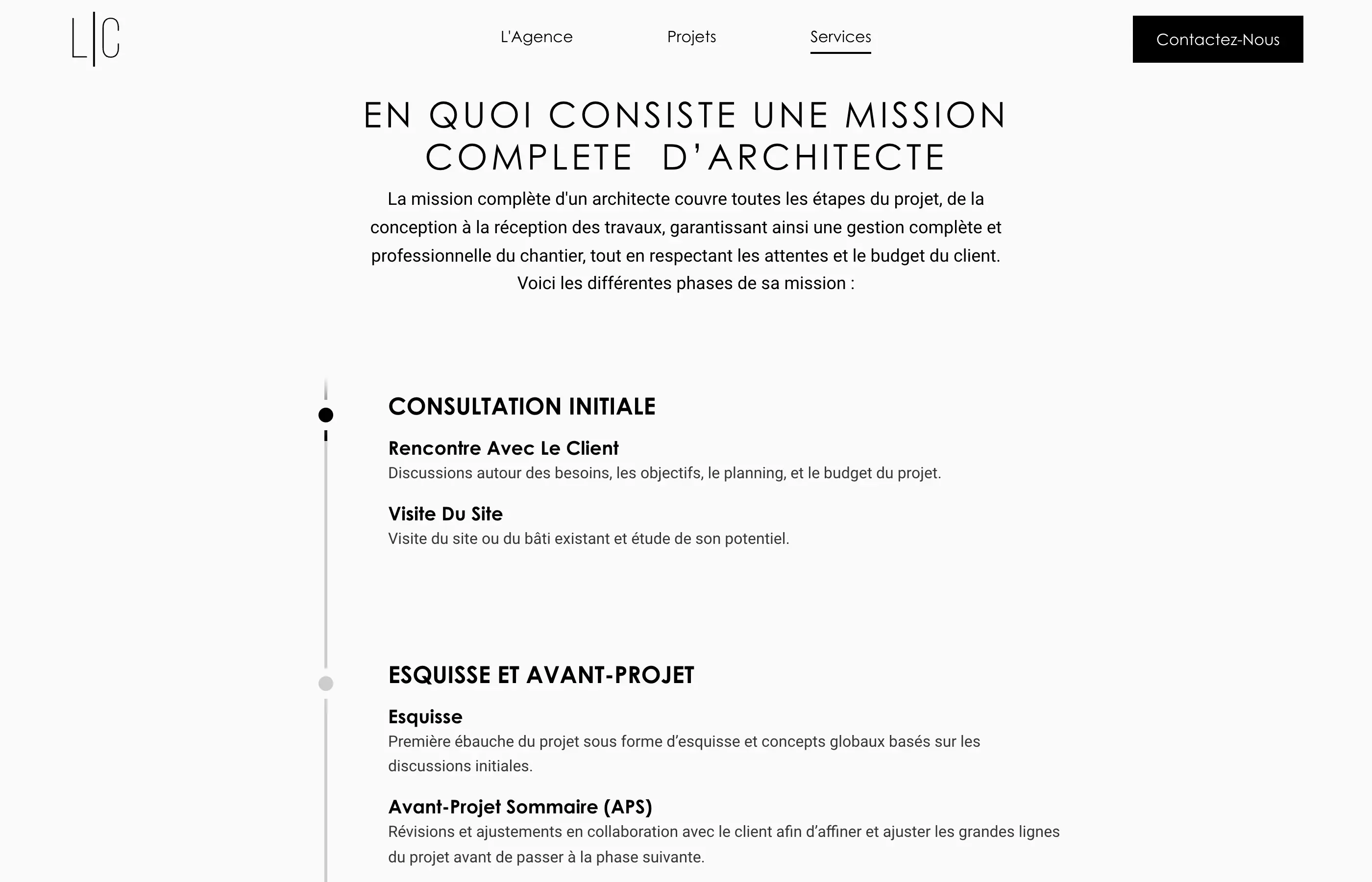 Page du site de Letizia Cuturi détaillant les étapes d'un projet, de l'esquisse à la remise des clés