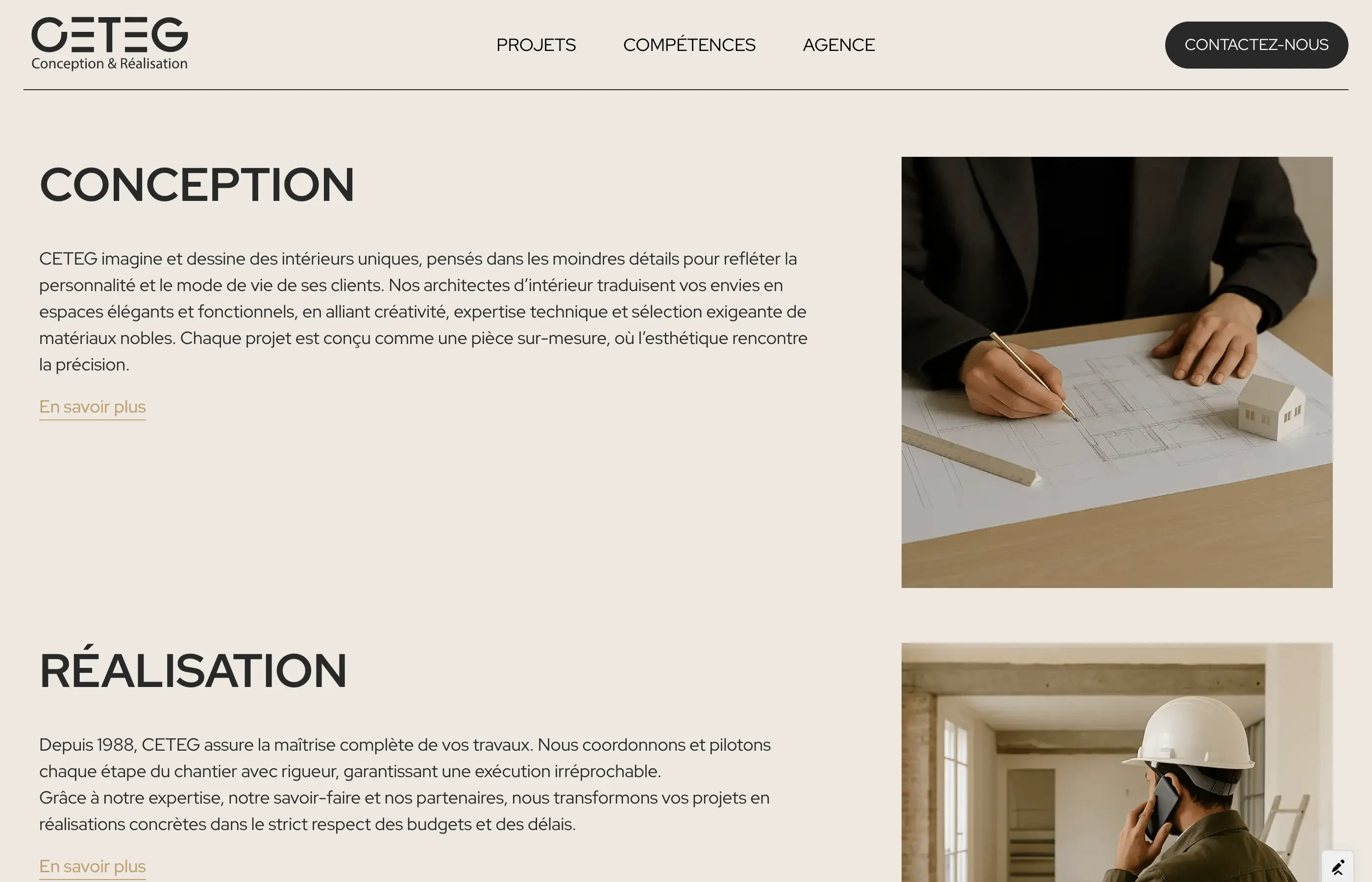 Page Compétences du site CETEG distinguant la conception et la réalisation, de l'esquisse à la livraison
